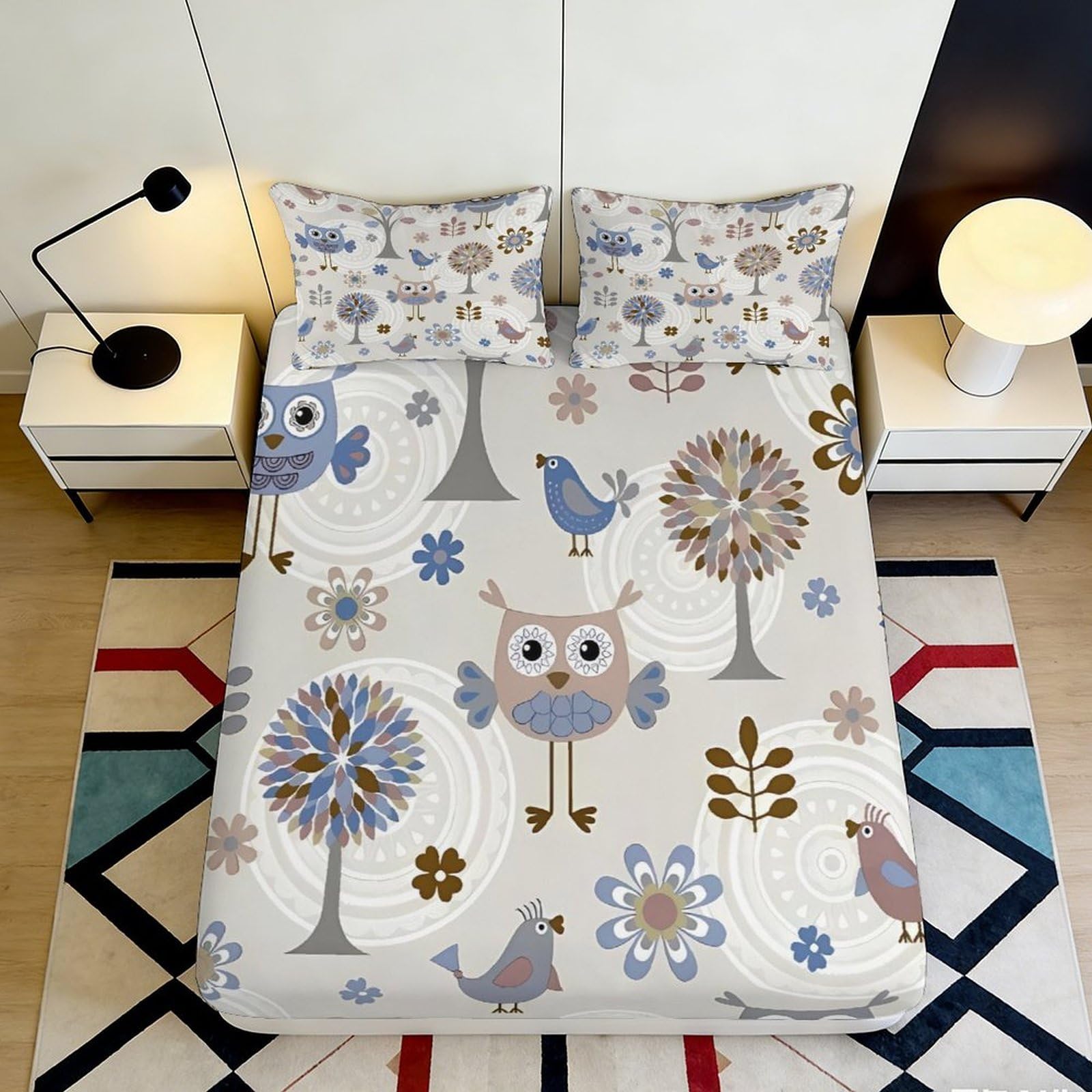 3D Printed Owl Forest Fitted Sheet Microfiber Soft Breathable Bird Tree Mattress Cover for Bedroom Guest Room Decor 90x200x25cm
