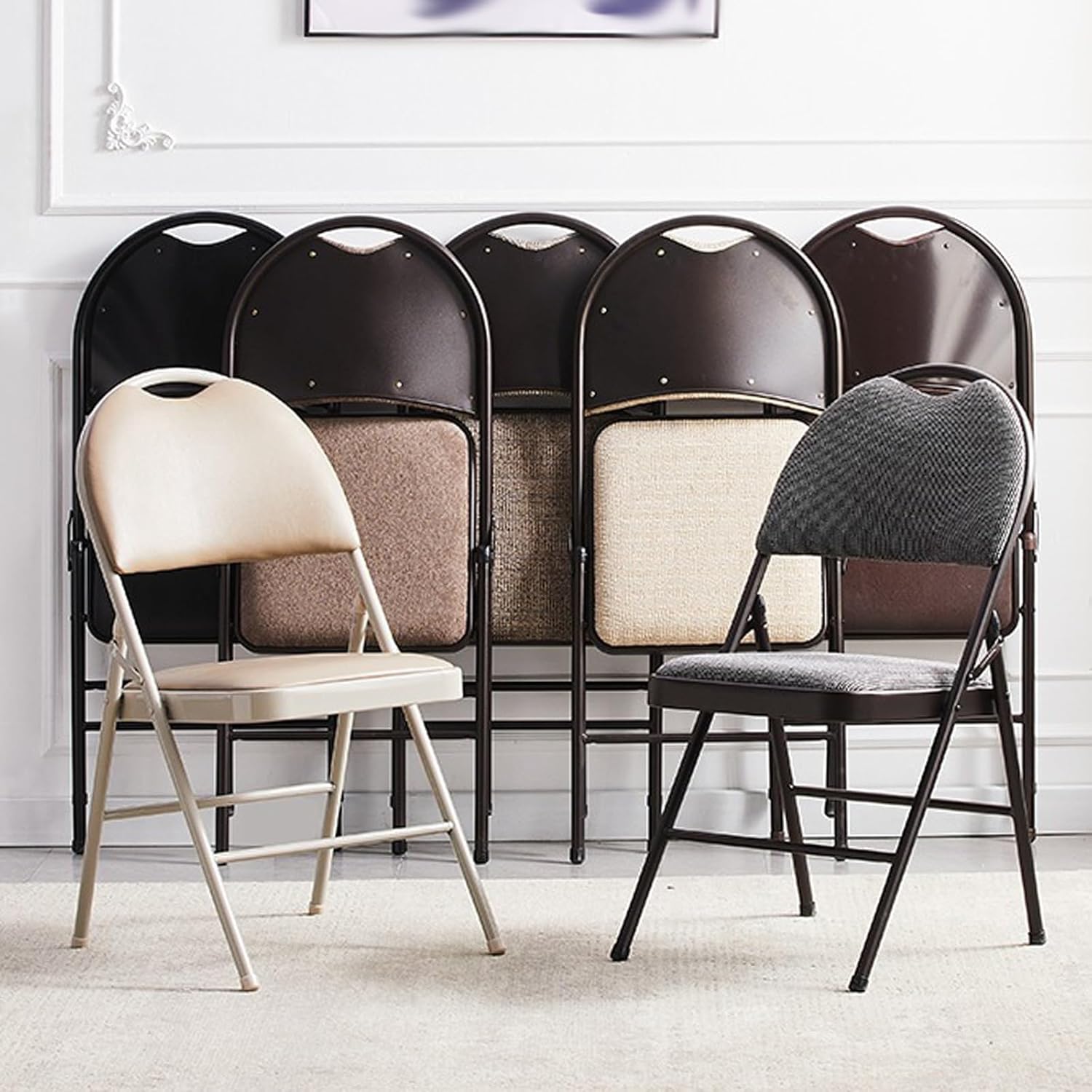 Foldable Chair-Metal Folding Chairs Stools -Portable Commercial Event Seat -Cloth Seats,Scratch Resistant,Ergonomic,42cm seat Height(Khaki)