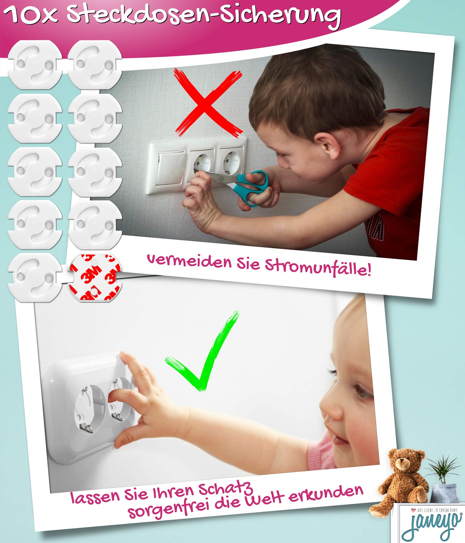 JANEYO – Premium Set Kindersicherung & Babysicherung - perfekte Sicherheit für Ihr Baby - Schranksicherung, Steckdosensicherung, Kantenschutz etc. (weiß)