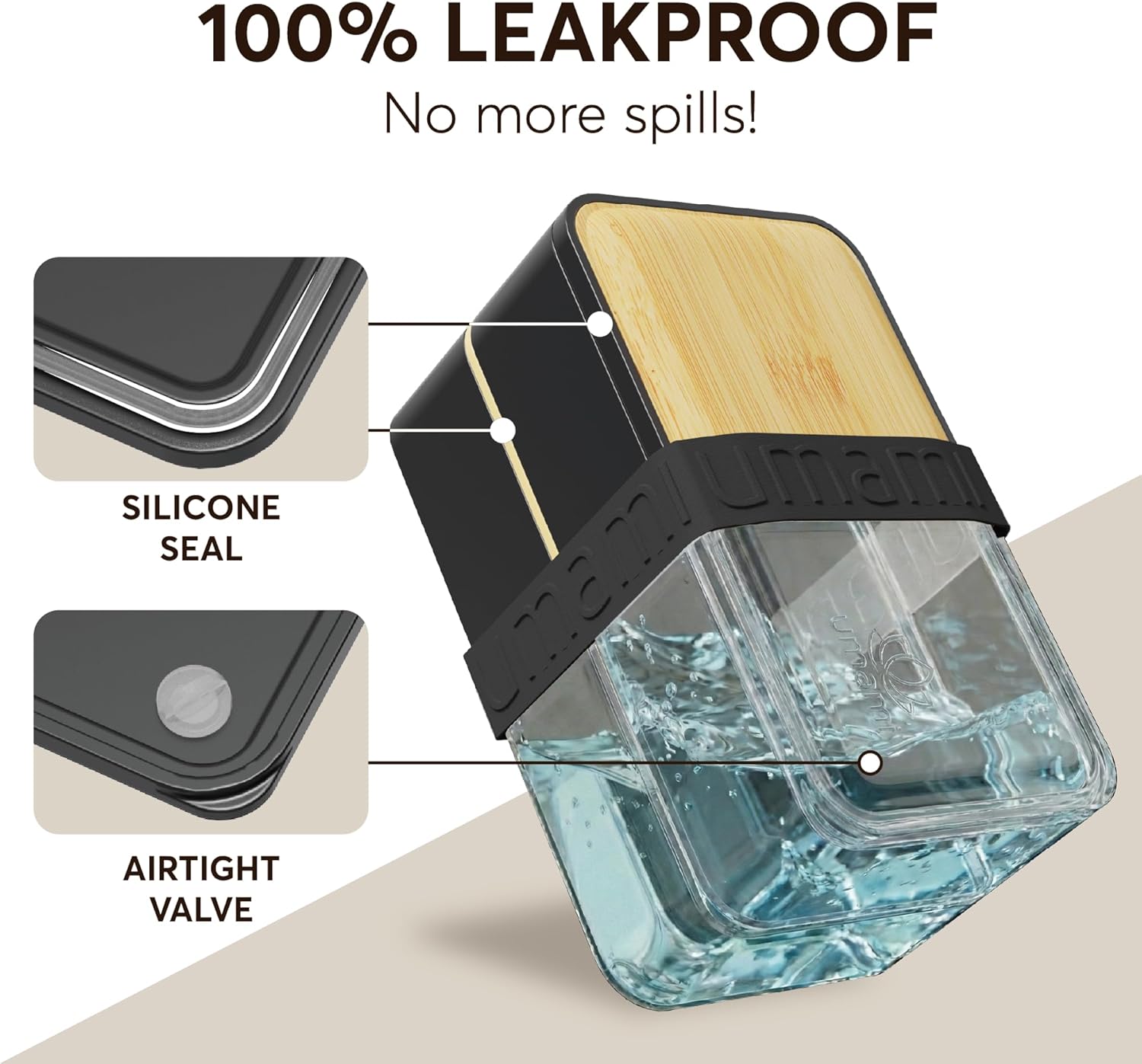 Umami Bento Box Adult All-In-1 w/4 Utensils, Big Sauce Jar, 2 Dividers, 100% Leakproof, Microwave & Dishwasher Safe Stackable Bento Lunch Box Containers for Men/Women, Black & Bamboo, 40 oz - Image 4