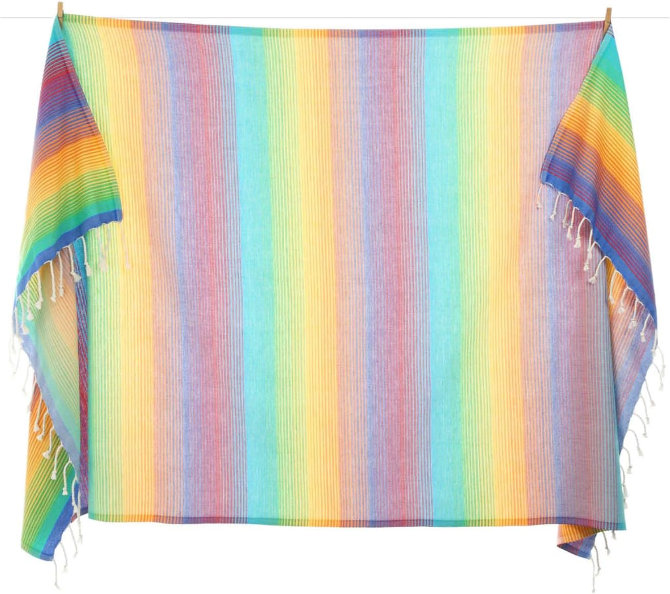 Rainbow Beach Bath Towel - 100% Turkish Cotton - Sand Resistant Highly Absorbent Fast Drying Super Soft - Boho Bohemian Towels Peshtemal Blanket Pareo Sarong Multi Color Yellow Red Blue Orange