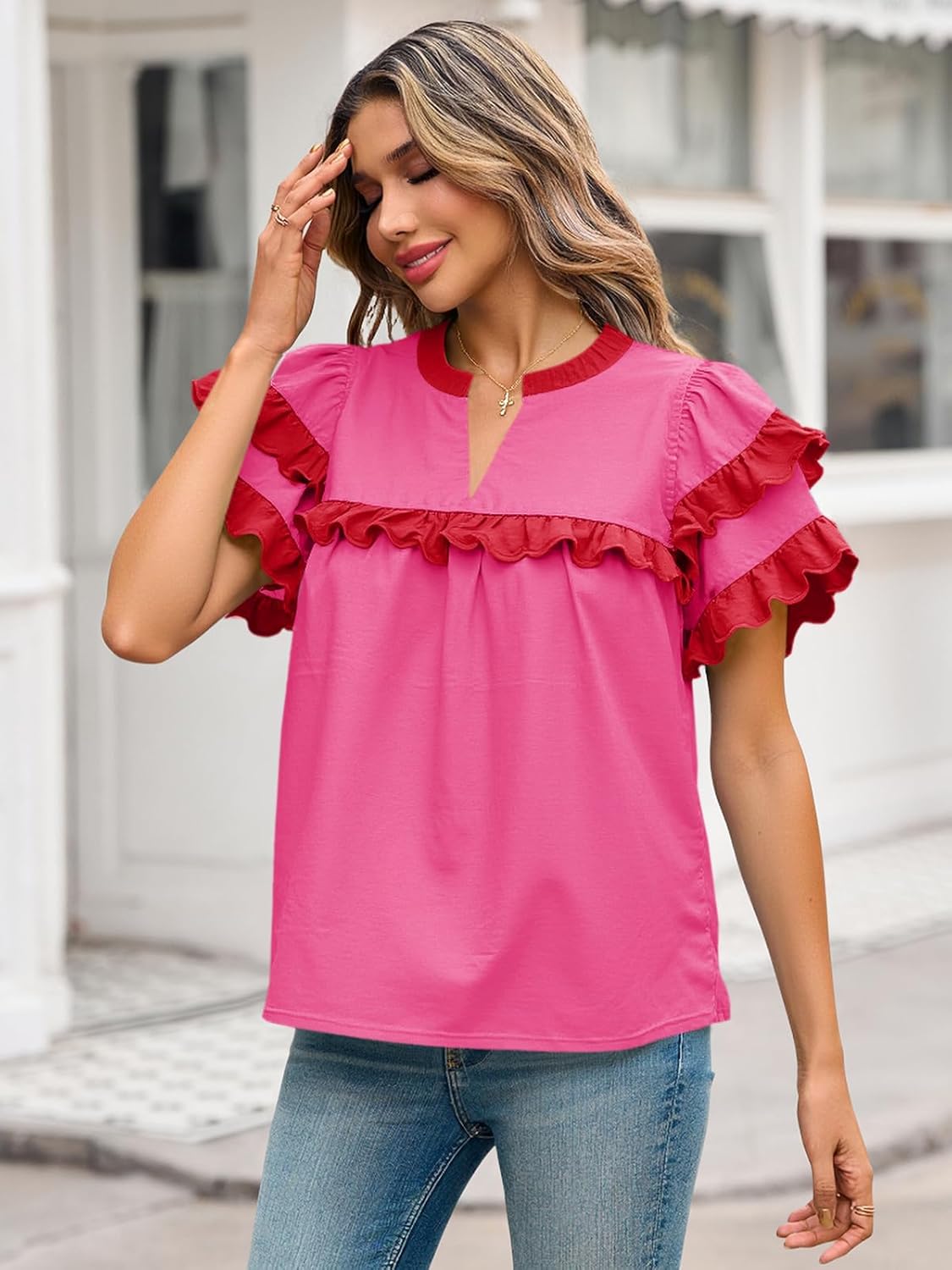 Tankaneo Womens Ruffle Sleeve Babydoll Tops Color Block Summer V Neck Pleated Blouse Dressy Casual Loose Fit Shirts - Image 2