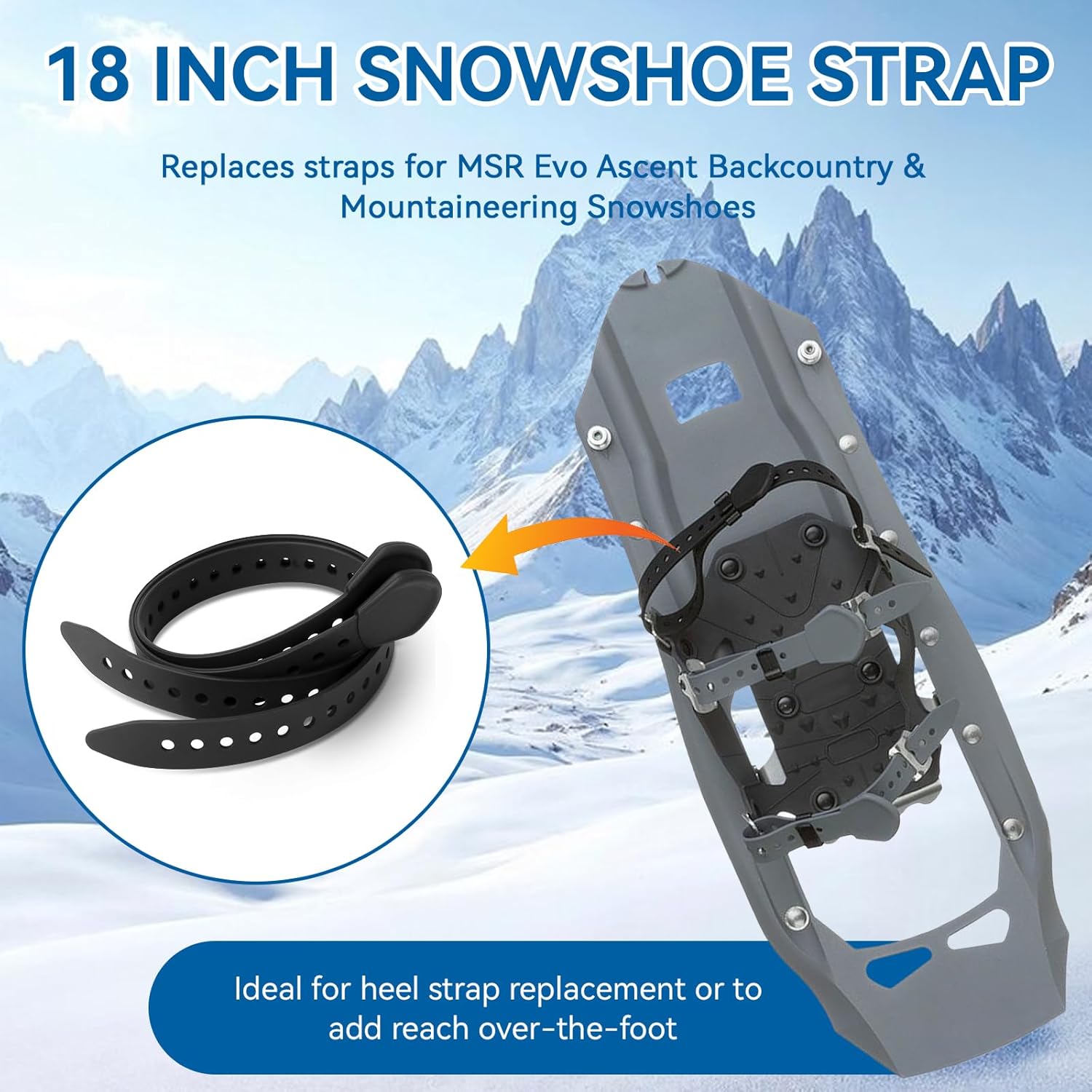 18 Inch Snowshoe Straps Replacement for MSR Snowshoe Binding Straps Kit - Compatible with MSR Denali Evo Ascent Snowshoes & PosiLock Bindings, Black, 2 Pack