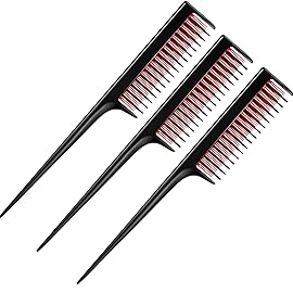 Leinuosen 3 Pcs Triple Teasing Comb for Women Plastic Rat Tail Comb Heat Resistant Pintail Tease Layer Tool for Thick Fine Hair Styling Backcombing Volume Structure(Black and Red)