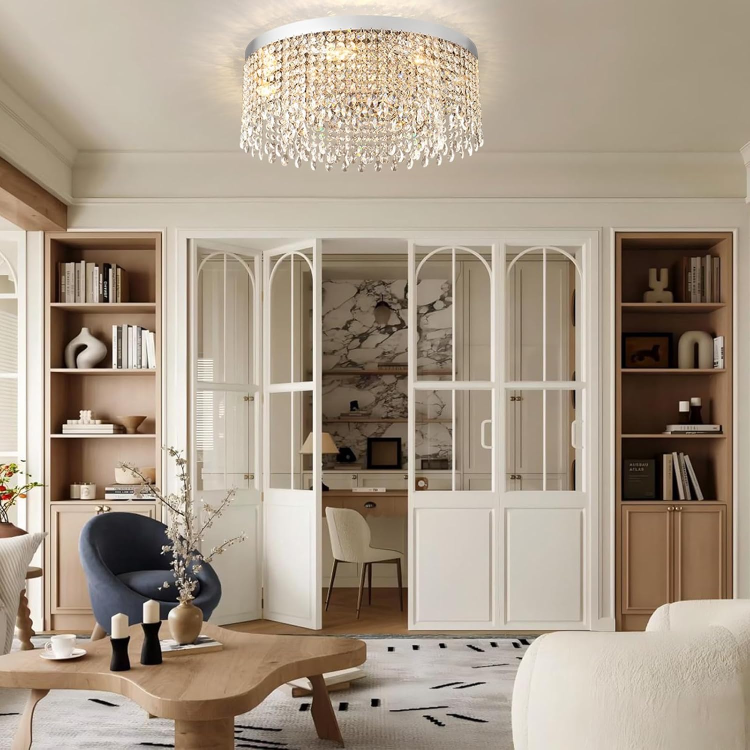 Modern Crystal Chandelier 20 inch Round Raindrop Crystal Chandeliers Flush Mount Chandelier Chrome Silver Ceiling Light Fixture for Living Room Dining Room Bedroom