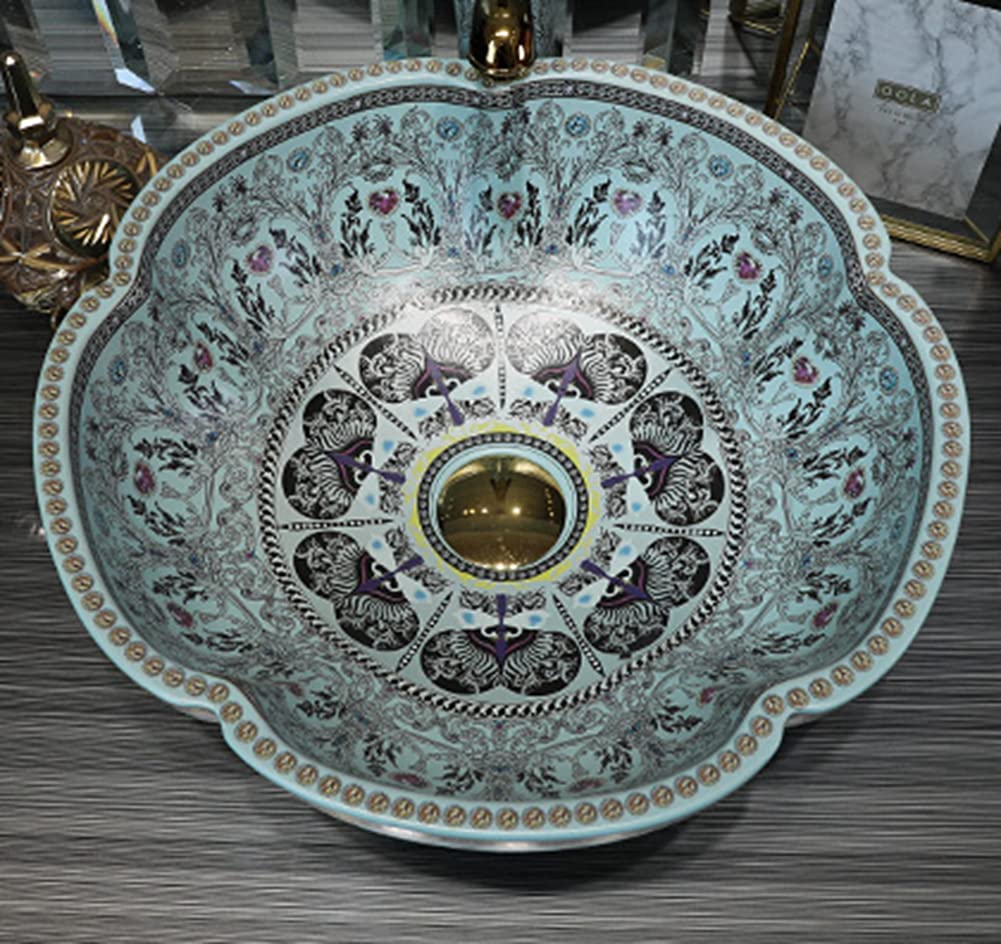 Lavabo de cerámica azul claro con diseño de flores para bar y armario pequeño, 1 encimera para baño