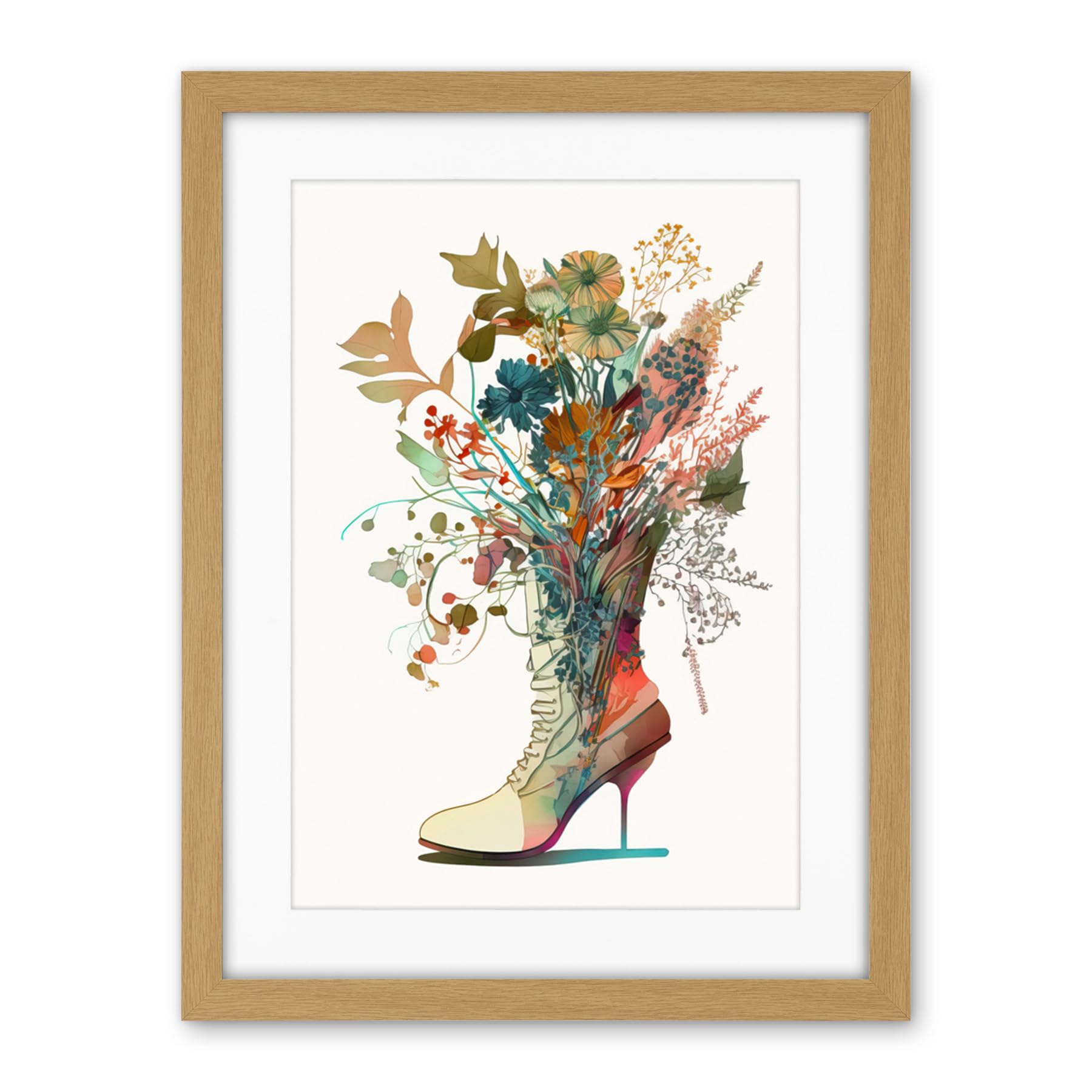 Artery8 Wildflower Bouquet in a Stiletto Heel Combat Boot Artwork Framed Wall Art Print 18X24 Inch