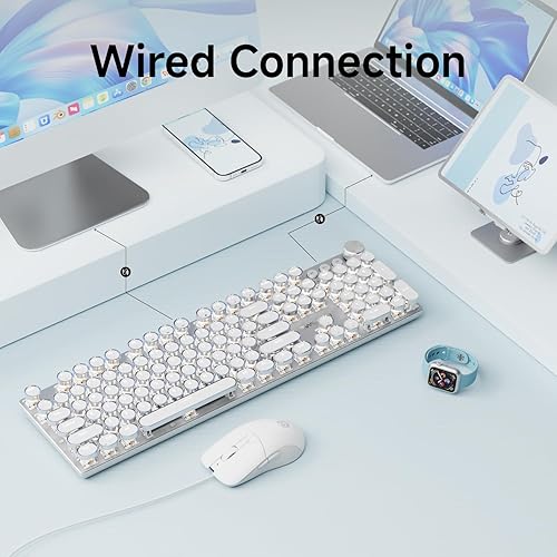 Miniatura 4 de EWEADN - Combo de teclado y mouse con cable para máquina de escribir, teclado mecánico para juegos estilo máquina de escribir, teclados LED