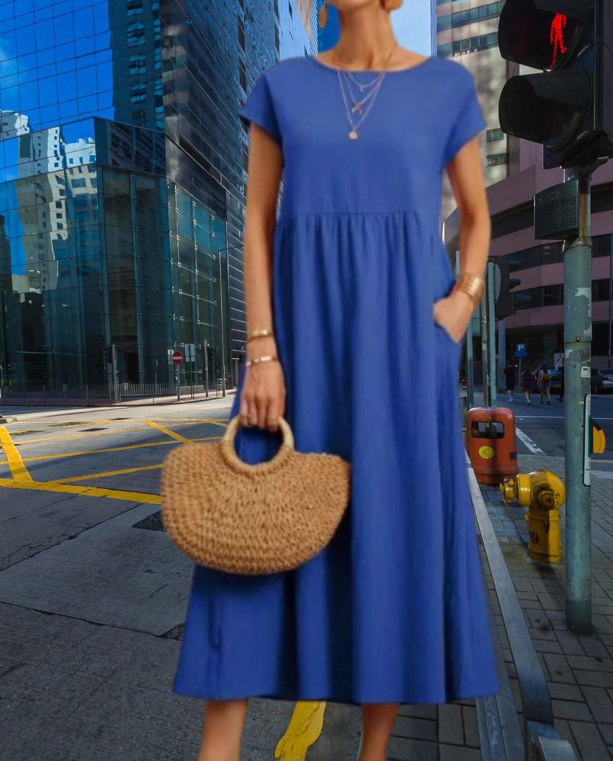 Womens Cotton Linen Dresses 2025 Summer Casual Short Sleeve Crew Neck A Line Loose Beach Vacation Dress with Pockets