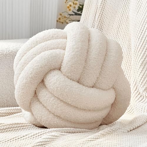 Petrella Almohada redonda de nudo para decoración del hogar, cojín decorativo estético, lana de cordero, arroz, blanco, 8 pulgadas