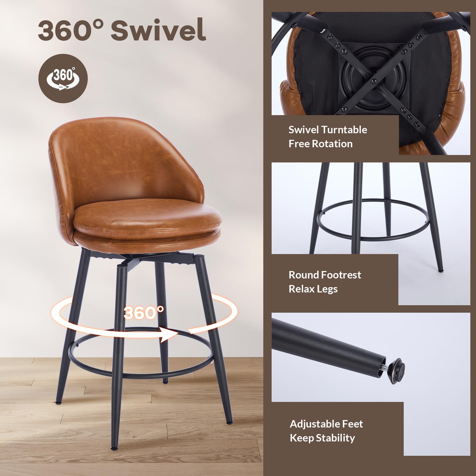 Garvee Lot de 2 Tabourets de Bar Modernes Pivotants 66 cm, Marron