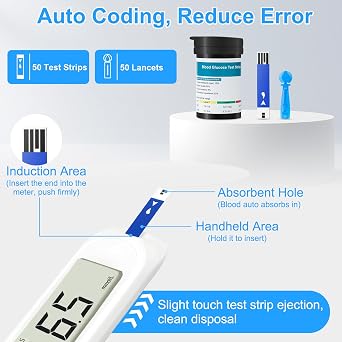 Blood Sugar Monitor,Glucose Monitor Kit with 50 Test Strips & 50 Lancets for Diabetes Testing, Blood Glucose Meter with Auto Eject, No Coding & Large LCD for Seniors