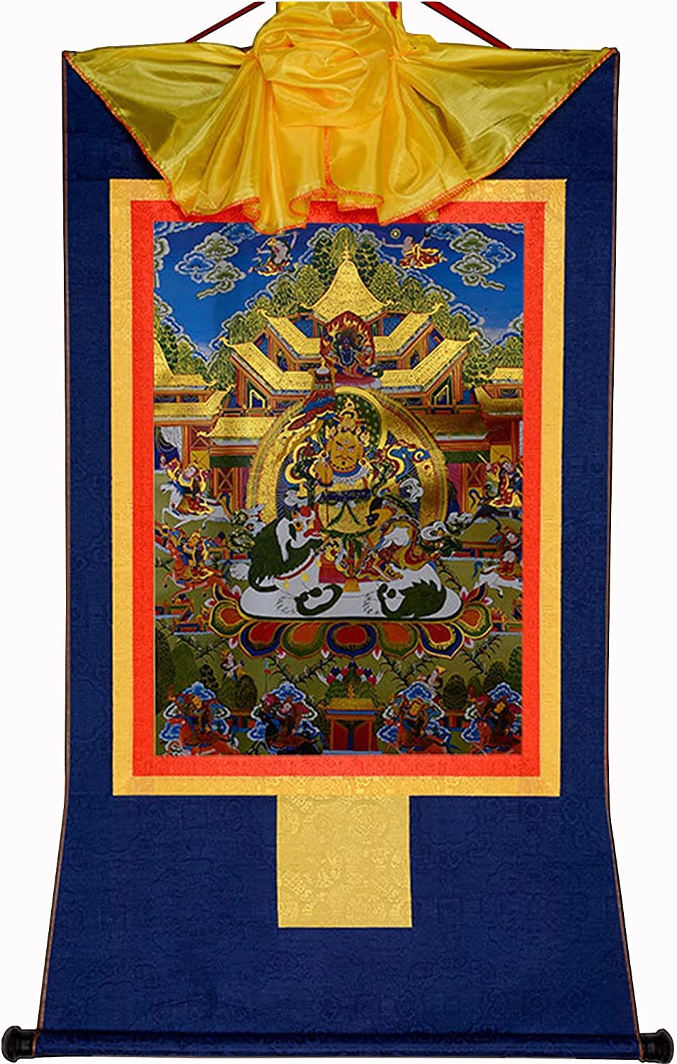 Thangka tibetana de Vaisravana: tapiz budista de brocado azul grande 85x63 cm