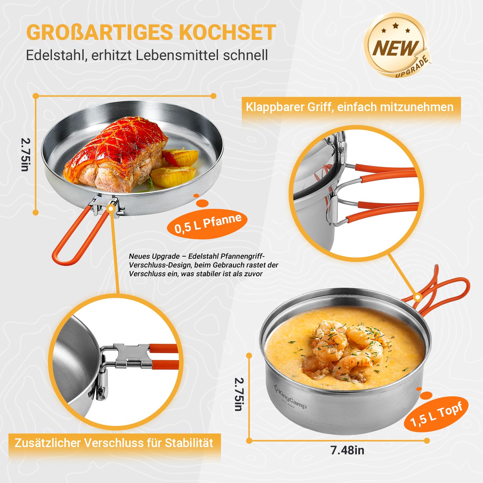 KingCamp Campingküche faltbar mit Bambus Campingschrank & Edelstahl Camping Kochgeschirr, Outdoor Küche mit Stauraum, Windschutz, Lampenhalter & Kochset für 3 Personen, ideal für Camping, BBQ&Picknick