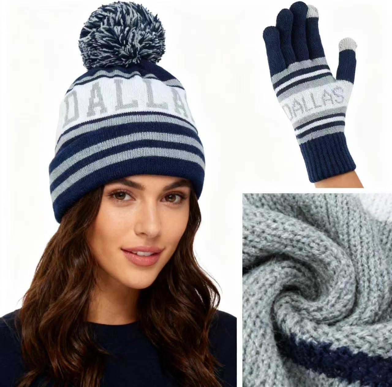 Classic Skull Cap Beanie Hat with Faux Fur Pom Cuffed Winter Hat Knit Comes with Warm Touch Screen Gloves - Image 5