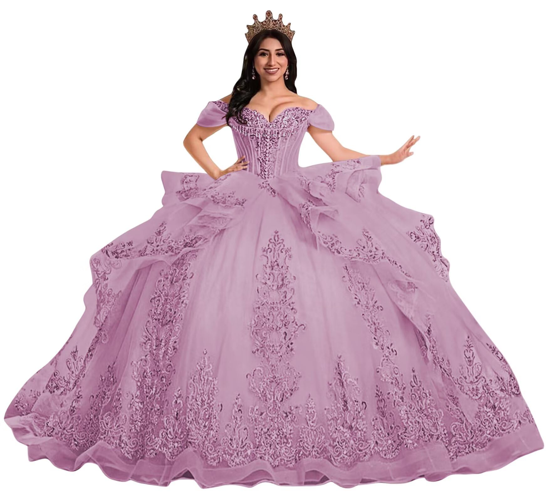 TRHTX Princess Ruffles Quinceanera Dresses with Train Puffy Lace Crystal 15 Dresses for Quinceanera Layered Tulle Ball Gown