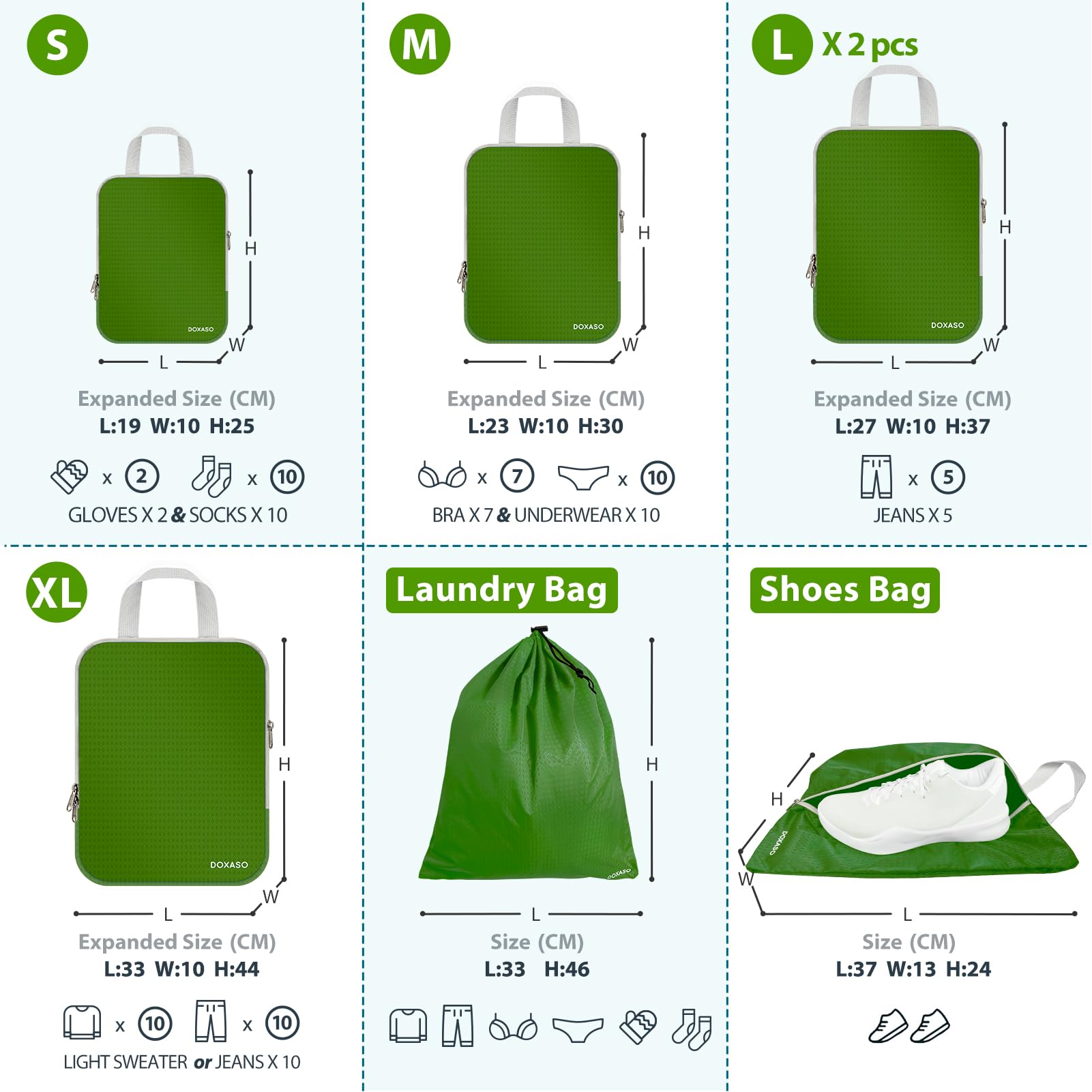 Cubi da imballaggio a compressione, ultraleggeri, espandibili, organizer per valigie, idrorepellenti, organizer da viaggio per zaino, 7 pezzi (verde)
