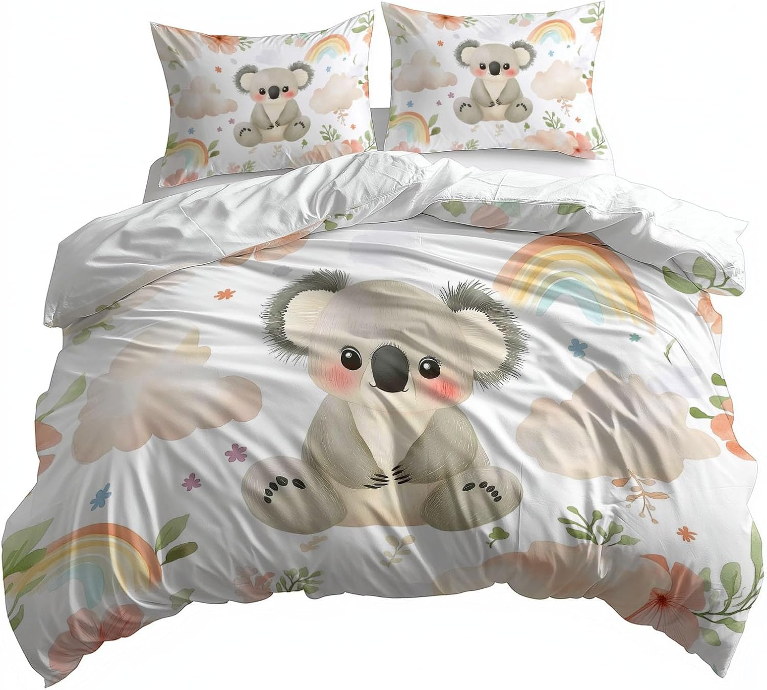3PCS Cute Koala with Clouds and Flowers Cartoon Duvet Cover King Bedding Sets, White Comforter Quilt Cover, 2 Pillow Cases for Boys Girls Toddler Kids Bedding