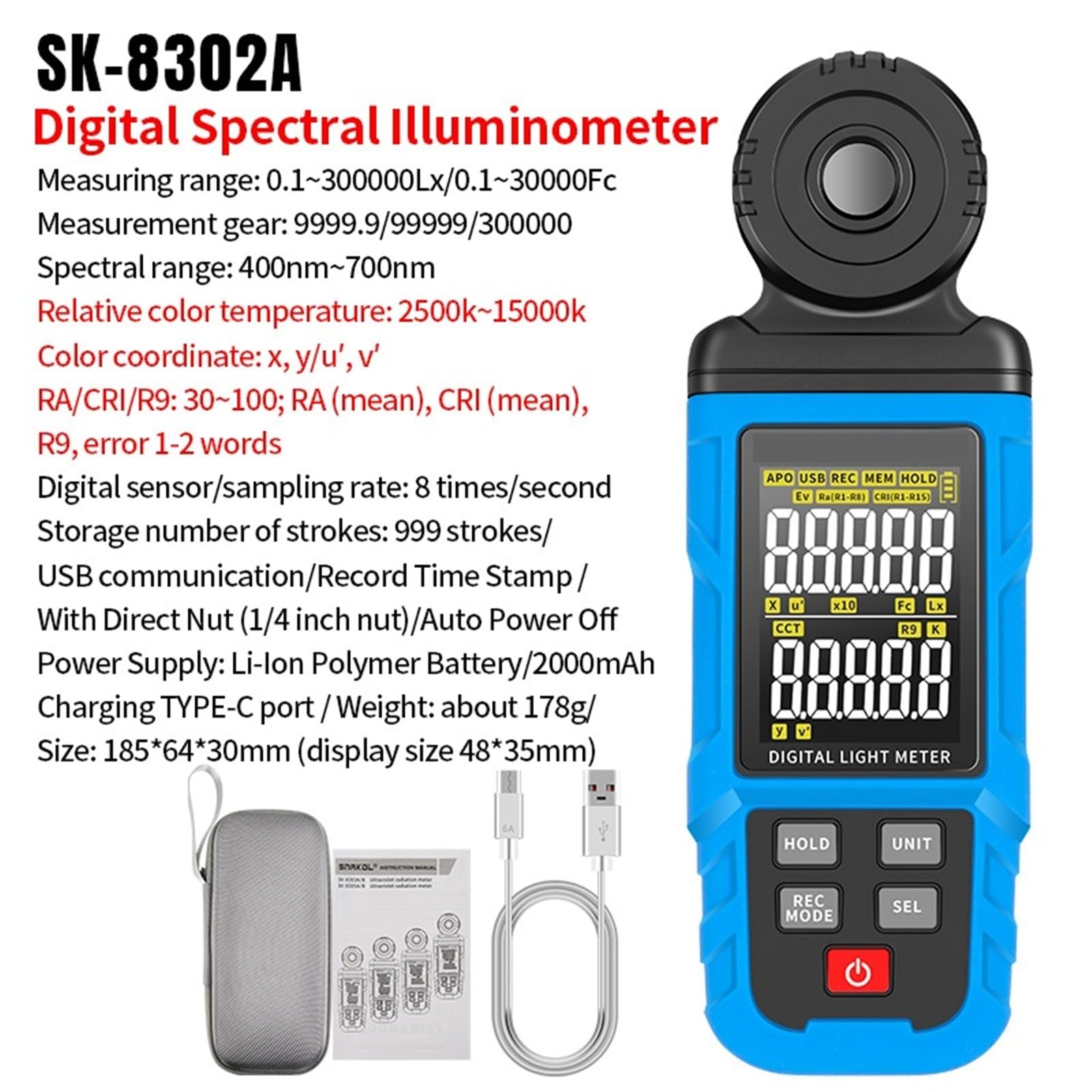 Espectro de luz, Medidor de iluminancia espectral SK-8301A/8302A, fotómetro 0~300.000lux, luxómetro alta precisión, medidor luz Digital CCT Lux/FC(SK-8302A)