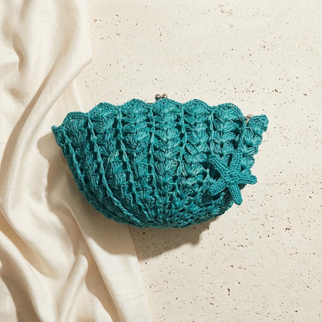 MAR Y SOL Shelley Seashell Clutch, Crocheted Raffia Straw, Starfish Charm, Multiple Colors