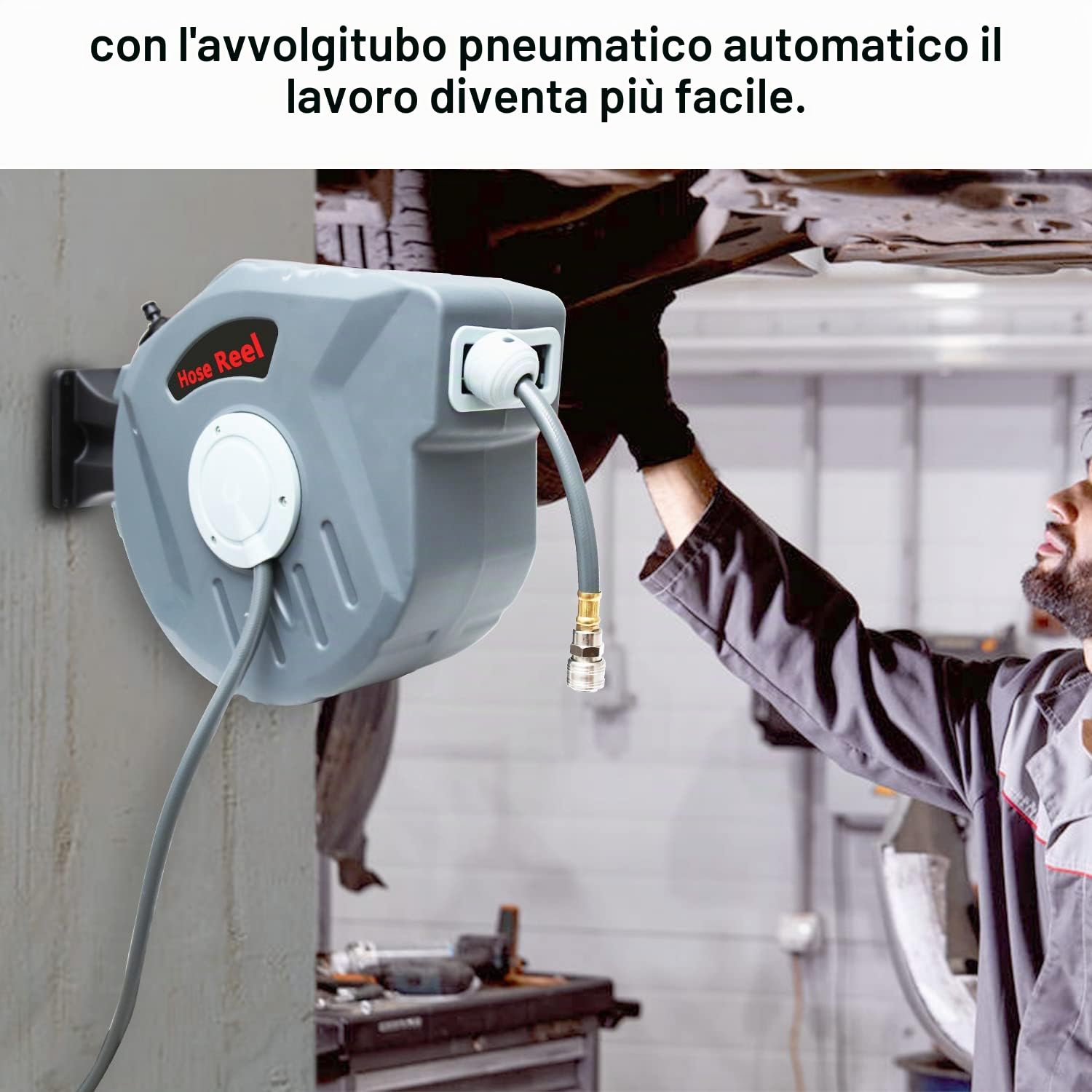 Lospitch - Avvolgitubo automatico ad aria compressa, 20 m, tubo in polivinilcloruro (PVC), supporto per tubo da parete, avvolgitubo da 6 mm