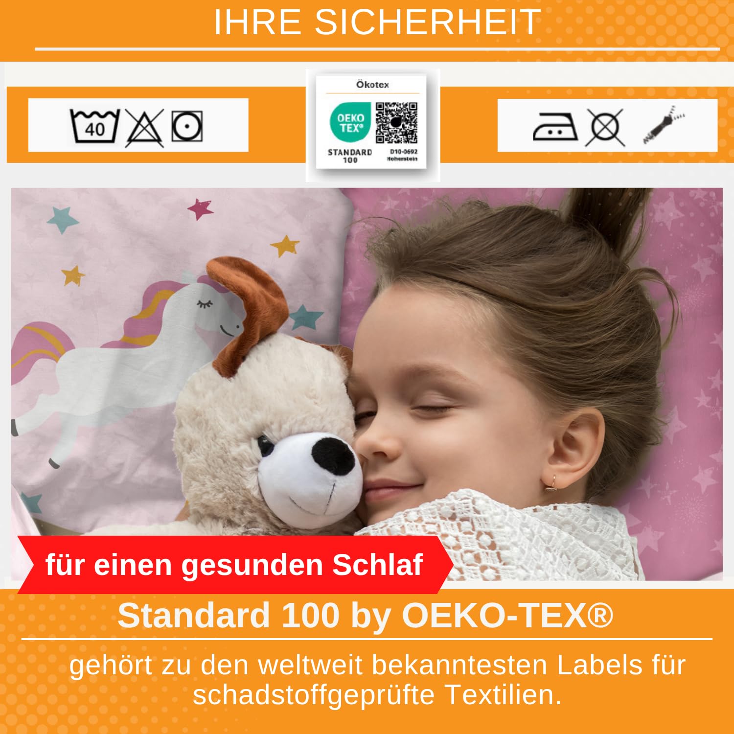 Aminata kids Biber Bettwäsche 135x200 Einhorn Regenbogen-Motiv Kinder Mädchen 100% Baumwolle Rosa YKK Reißverschluss - Einhorn-Wende-Bettwäsche-Set