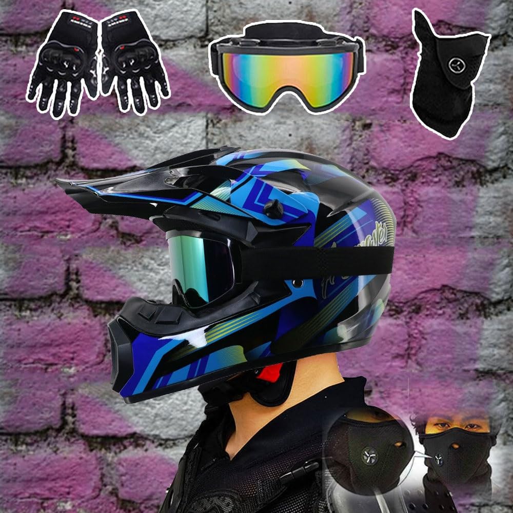 Casco Integrale da Motocross Omologato DOT - Kit Completo Casco ATV per Adulti E Bambini con Occhiali, Guanti, Maschera, Visiera Regolabile, Sgancio Rapido
