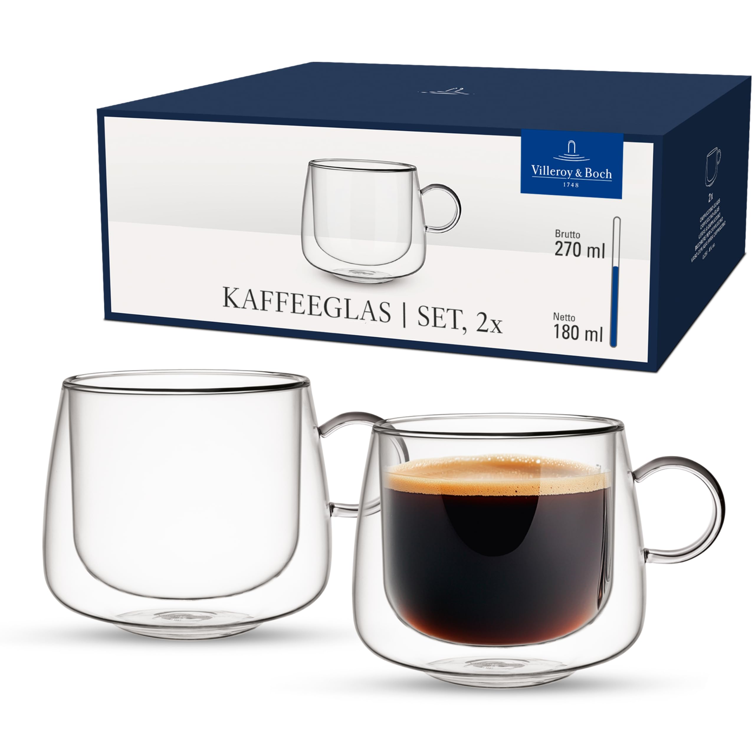 Villeroy & Boch – Artesano Hot&Cold Beverages Coffee Glass, Set of 2 Glasses, Double-Walled Glasses for Cold and hot Beverages, 180 ml, Borosilicate Glass, Dishwasher-Safe, Microwave-Safe