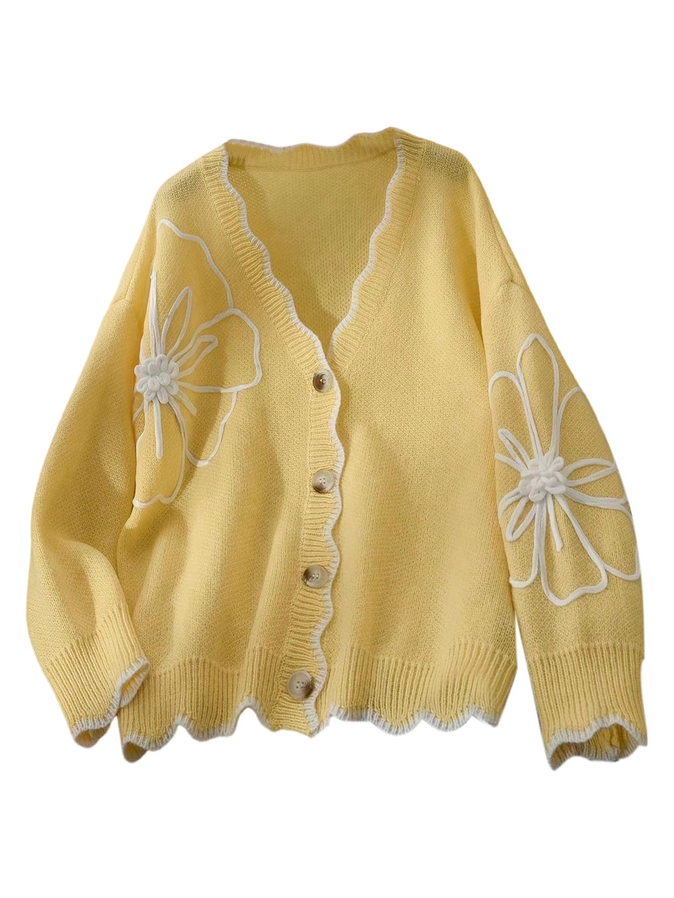 SHENHE Womens Button Up Cardigan V Neck 3D Flower Dressy Fall Knit Cardigan Sweater