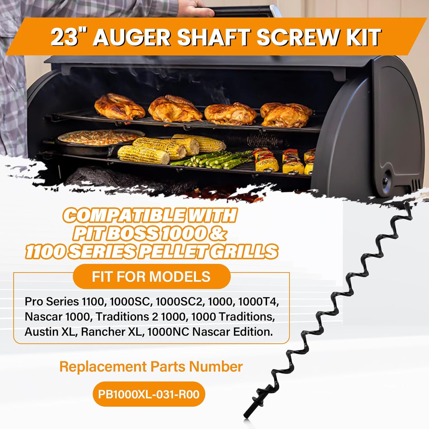 23" Auger Shaft Screw Replacement Parts for Pit Boss 1000 and 1100 Series Pellet Grills, Auger Flighting Shaft & Auger Motor Bushing Kit, Replacement Parts Number: PB1000XL-031-R00