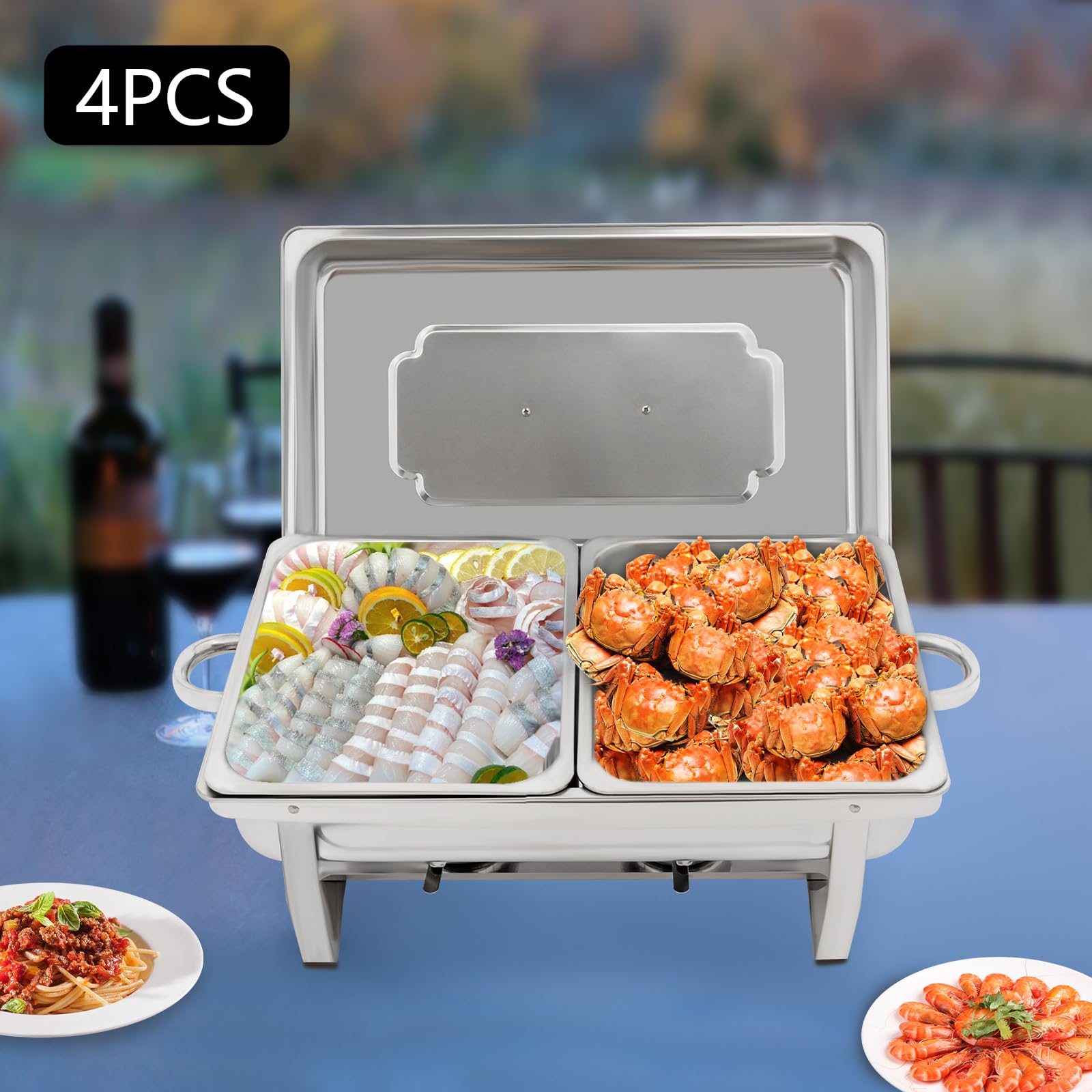 Juego de 4 calentadores de platos de acero inoxidable con tapa, calentador de buffet para alimentos, calentador de alimentos para buffet, catering, fiestas