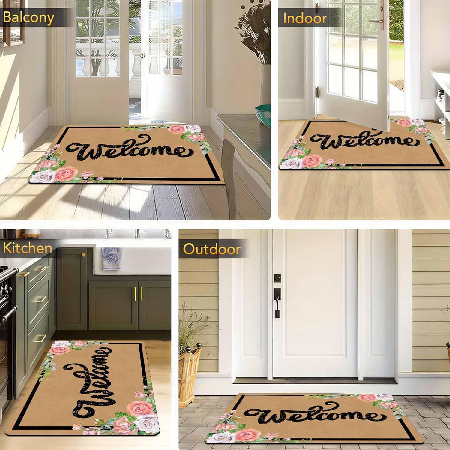 "Welcome Oak Grain Floral Door Mat for Front Door, Welcome Signs Mat for Entryway, Porch or Patio, Bathroom, Kitchen and Garage Non-Slip Rubber Backing Outdoor Rug Doormat 30"x18"