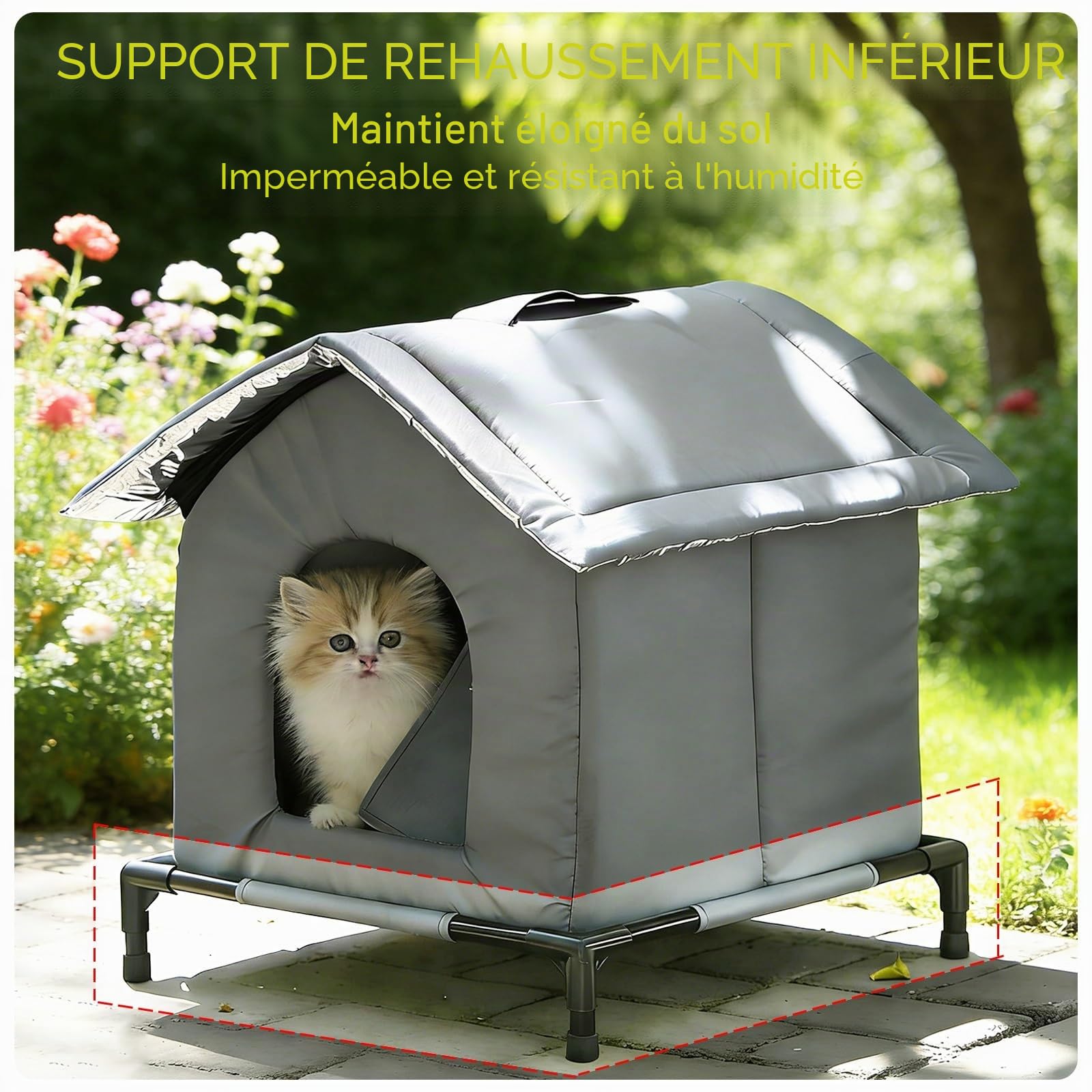 Niche pour Chat Exterieur Tissu Oxford Imperméable, Cabane Chat Exterieur Hiver et Pluie avec Base Surélevée et Coussin, pour Animaux Domestiques Errantsgrange(M)