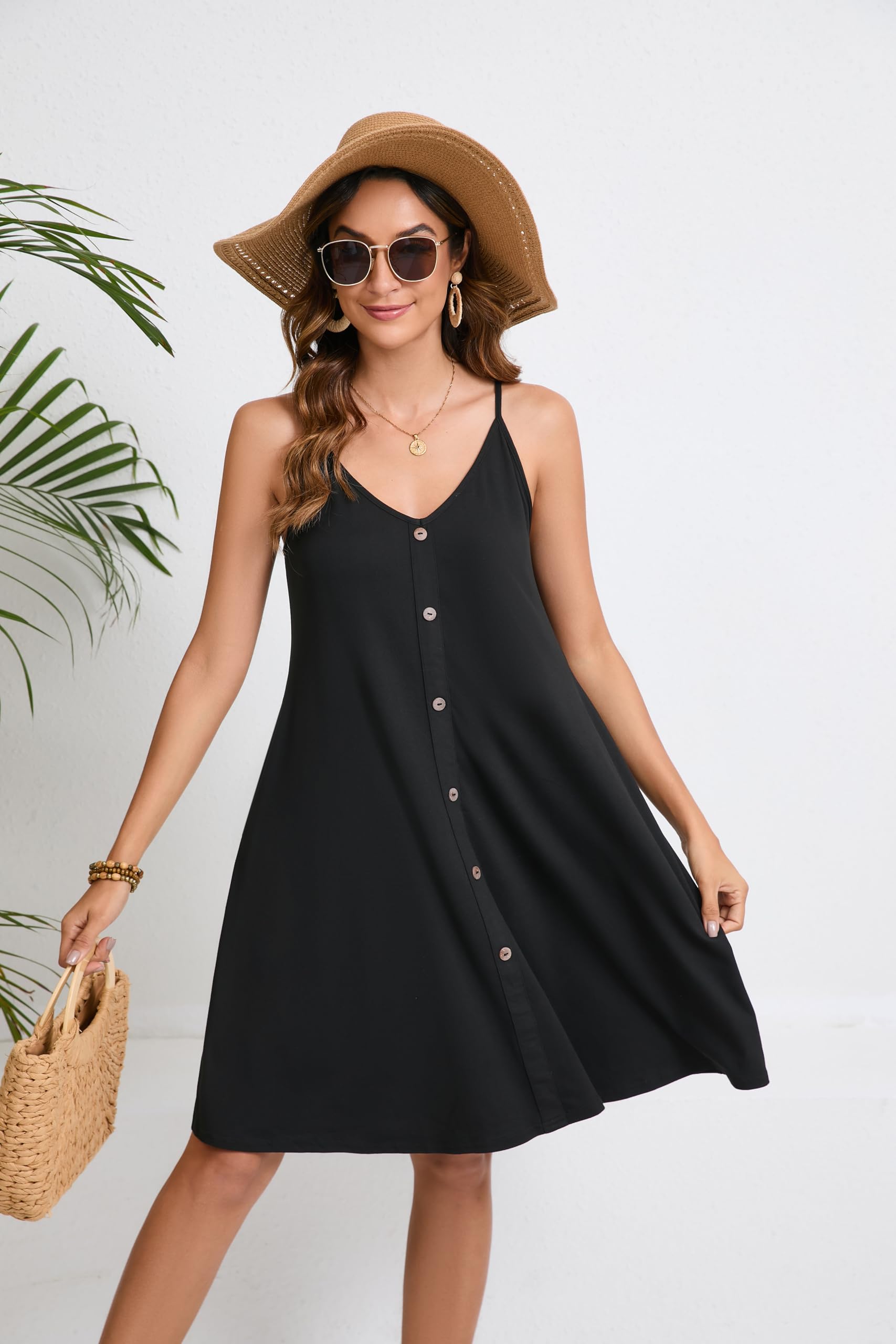 Enmain Mujer Vestidos Verano Floral Sin Mangas Vestido de Playa hasta la Rodilla Casual Cuello en V Tirantes de Espagueti Vestidos con Bolsillos para Fiesta Hawai Vacaciones S-2XL