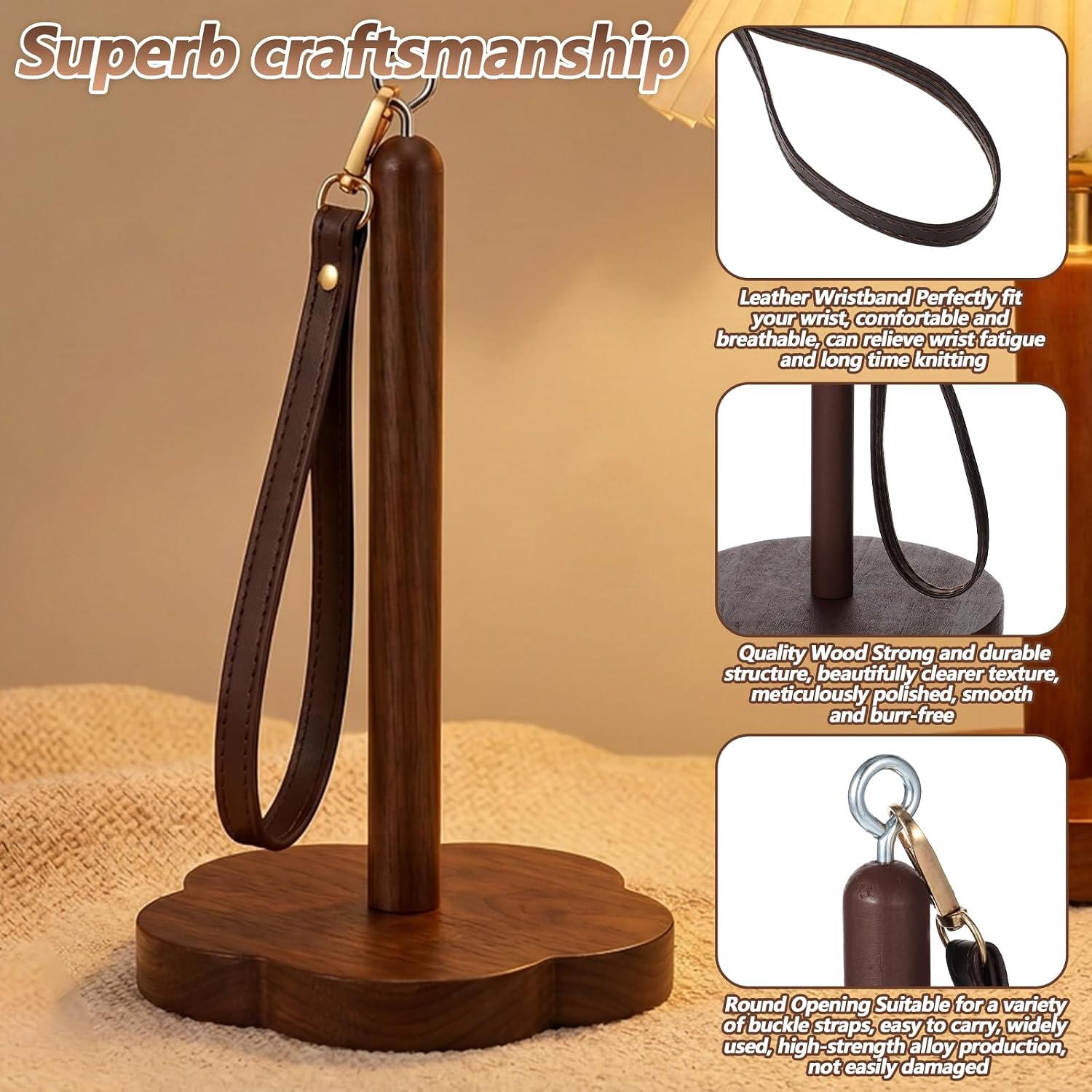 Wrist Yarn Holder,Portable Yarn Holder with Leather Strap, Wooden Yarns Minder for Crocheting & Knitting, for Yarns Storage and Organizer, Crochet Accessories for Beginners and Experts, Brown