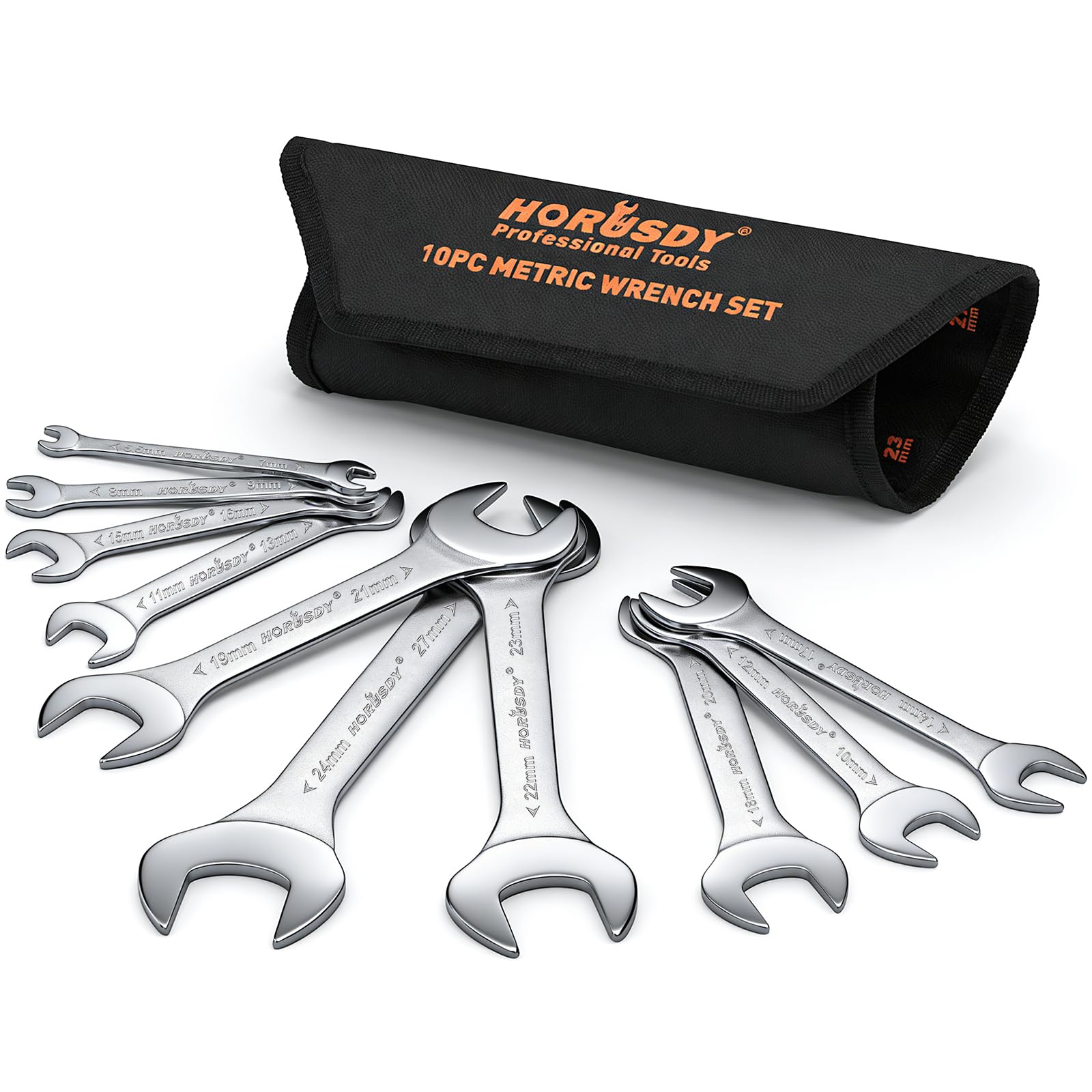 HORUSDY 10-Piece Super-Thin Open End Wrench Set, CR-V Steel, Metric Size 5.5, 7, 8, 9, 10, 11, 12, 13, 14, 15, 16, 17, 18, 19, 20, 21, 22, 23, 24, 27mm Slim Spanner Wrench Set with Rolling Pouch