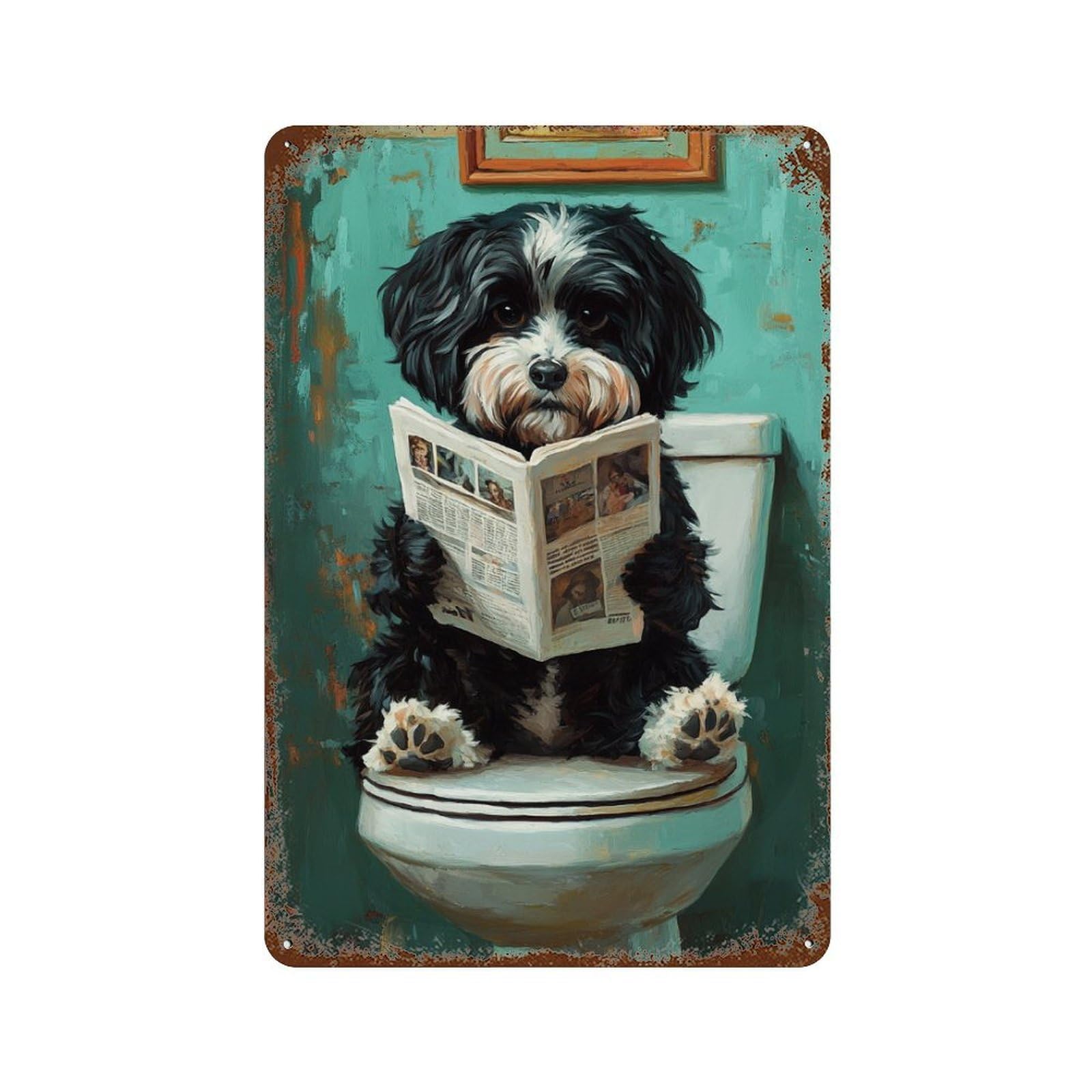 Dog Reading Newspaper on Toilet-1 Distressed Metal Wall Sign 11.8"x7.9", Rustic Home Decor for Living Room, Hallway And Home Decor