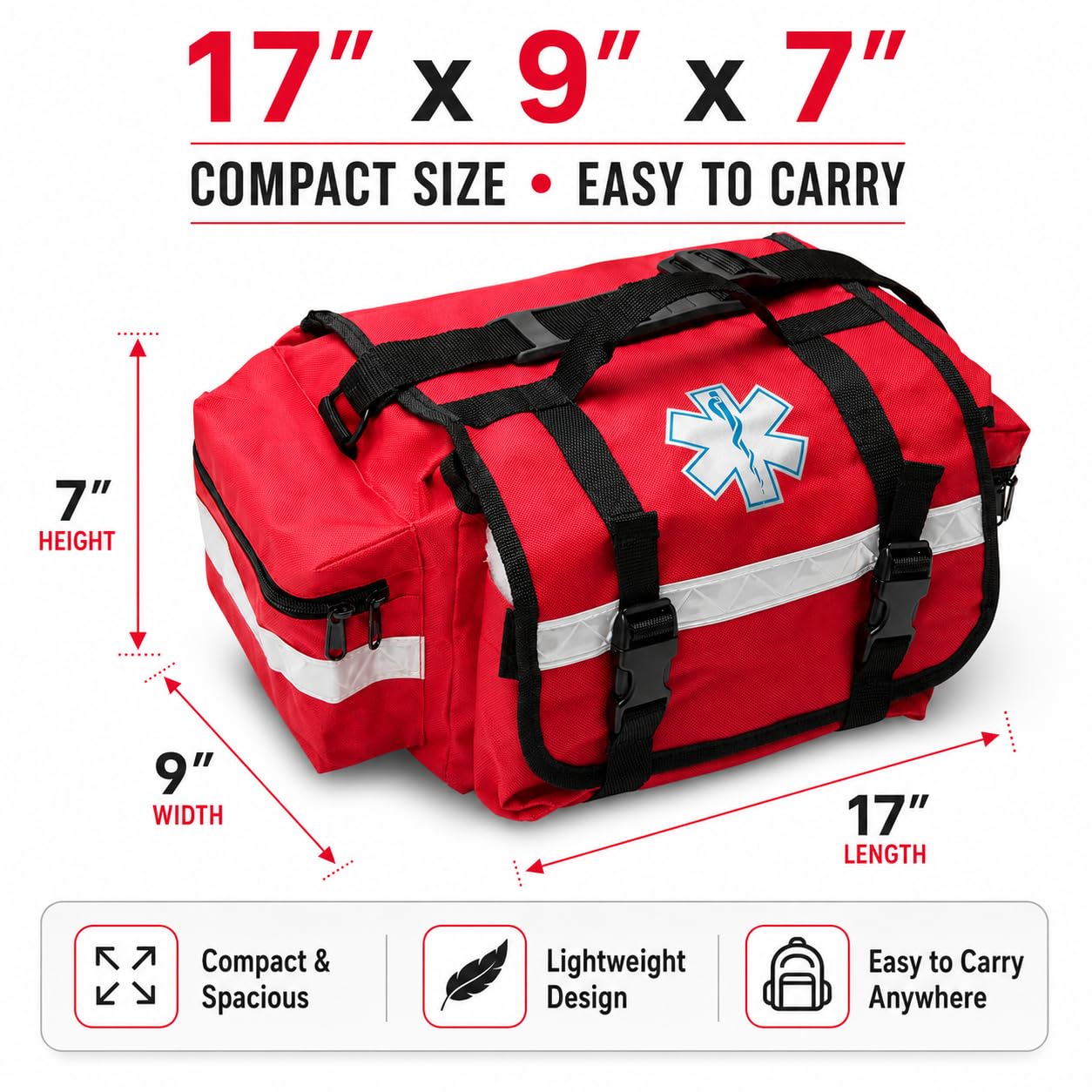 NOVAMEDIC Bolsa de Primeros Auxilios vacía Profesional, Color Rojo, 17 x 9 x 7 Pulgadas, transportador de Primeros Auxilios para traumatismos EMT para paramédicos y Kit de Suministros médicos de