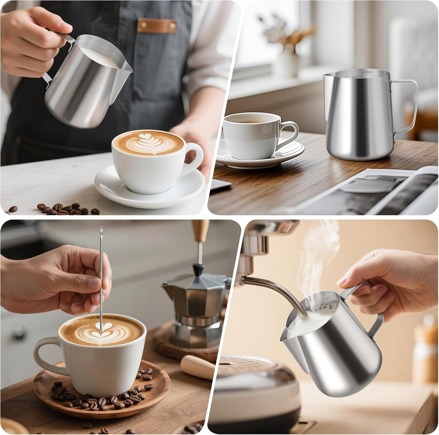 Bricco Latte 600ml in Acciaio Inox, Pentolino Latte di Misurazione Montalatte Schiuma Bollitore Lattiera Brocca In Schiuma per la Preparazione di Cappuccino