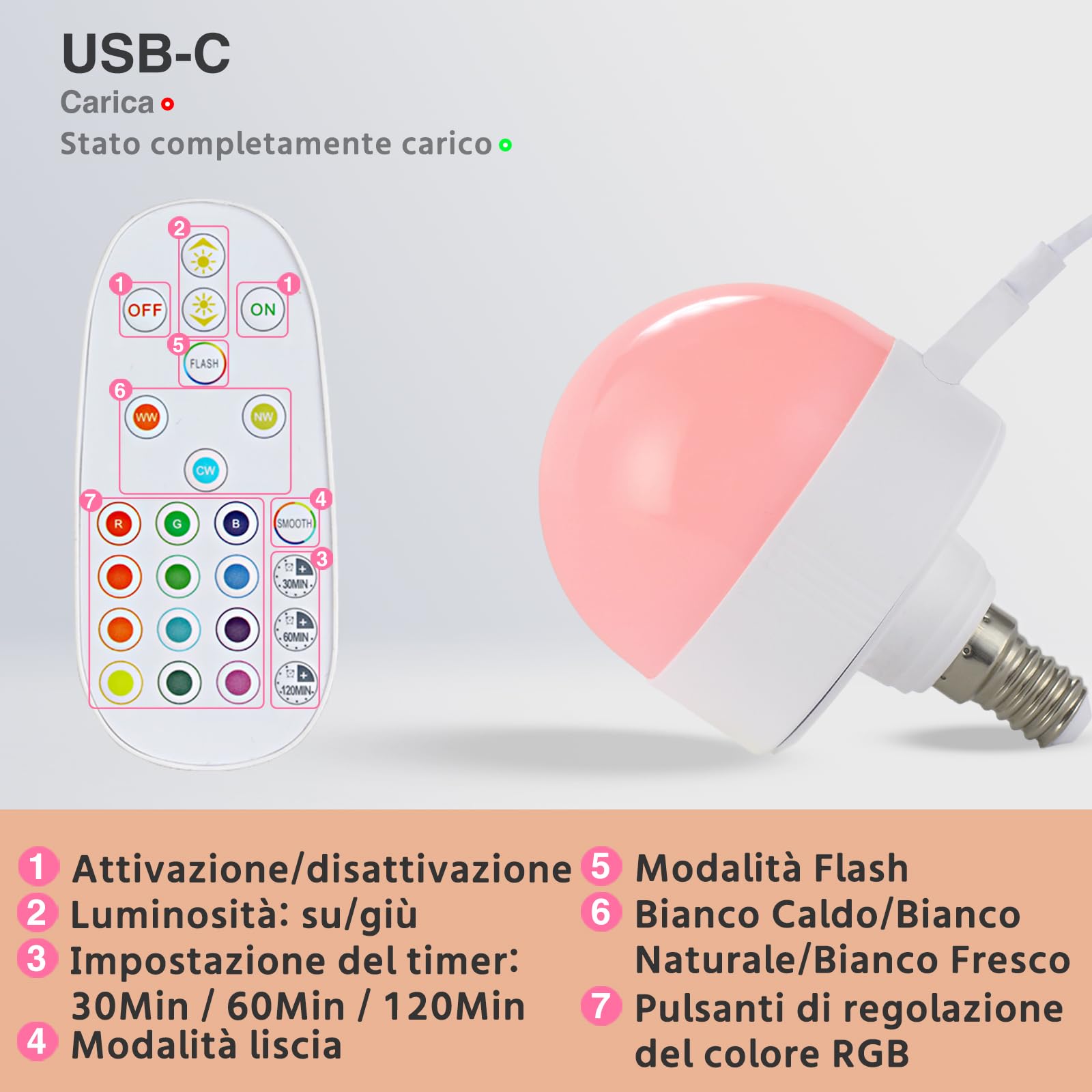 Lampadina Ricaricabile LED Con Telecomando - E27/E26, Dimmerabile, 3 Temperature Colore, Timer, Base Magnetica - Foto 5
