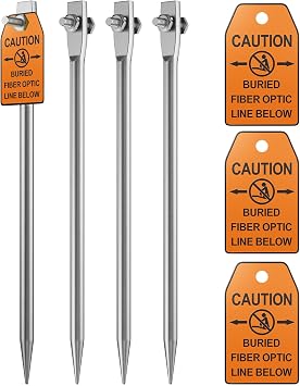 4 Pieces Orange Safety Warning Tag with Mark Rod, 2.4"* 4" for Caution Buried Fiber Optic Line Below