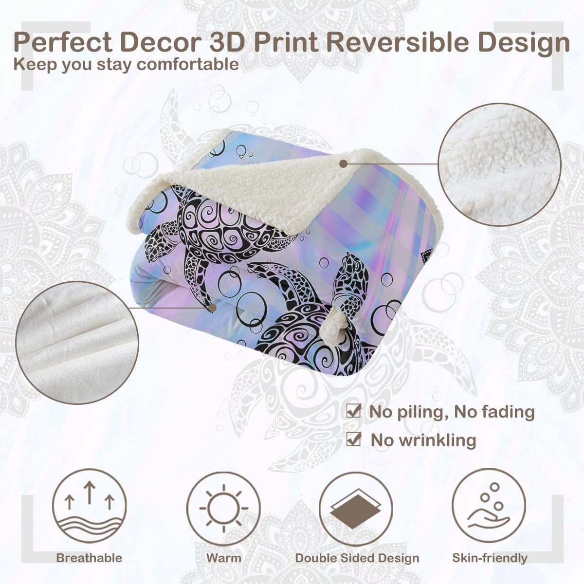 Sleepwish Marble Pastel Sea Turtle Sherpa Blanket for Kids Girls Boys Purple Mandala Turtle Fleece Throw Blanket for Bed Sofa, Throw(50"x60")