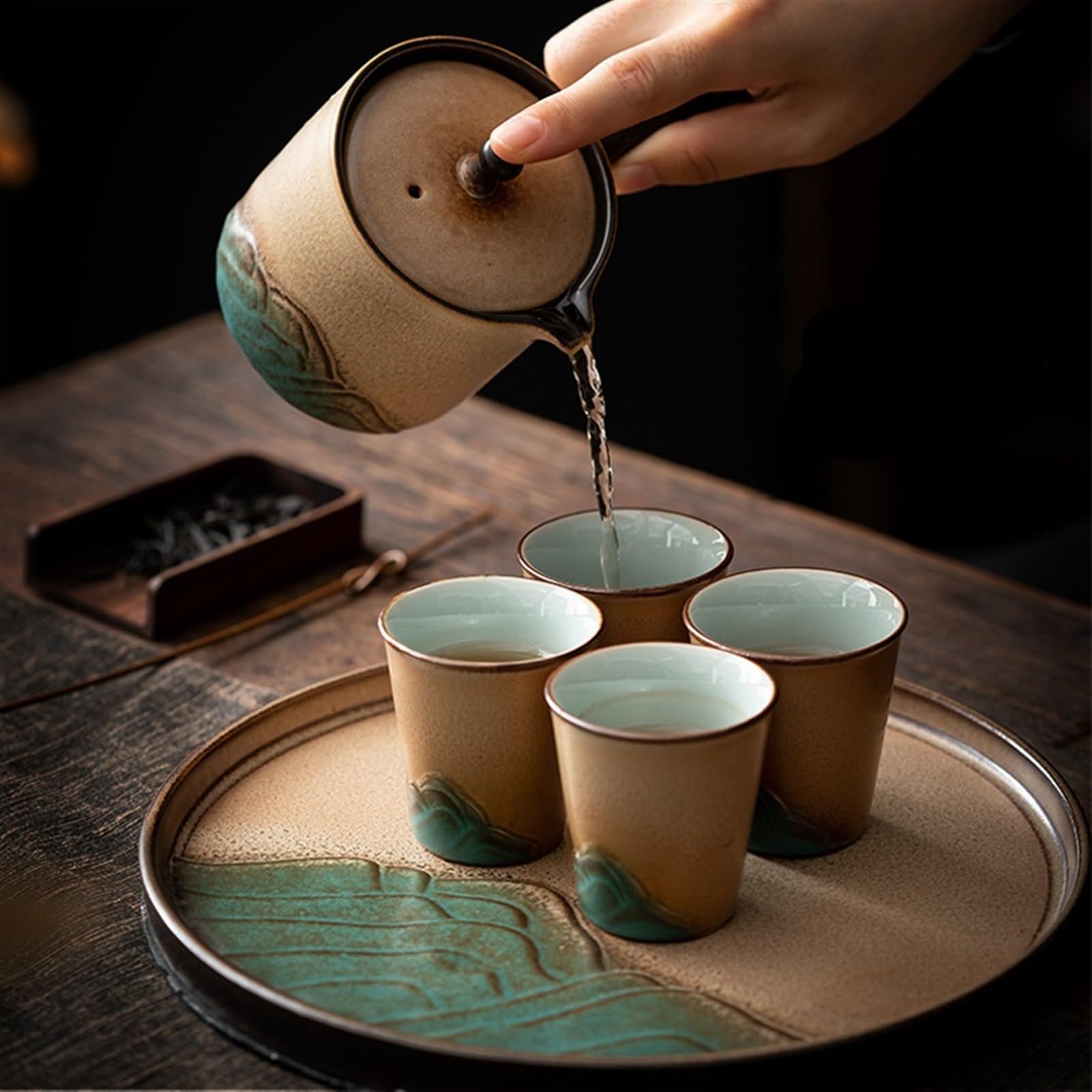 Zestaw do herbaty Gongfu w stylu retro, okrągła taca na herbatę, ceramiczna taca do przechowywania herbaty Kung Fu w stylu chińskim, surowa ceramika, taca z bańkami mydlanymi, kreatywny mały stolik