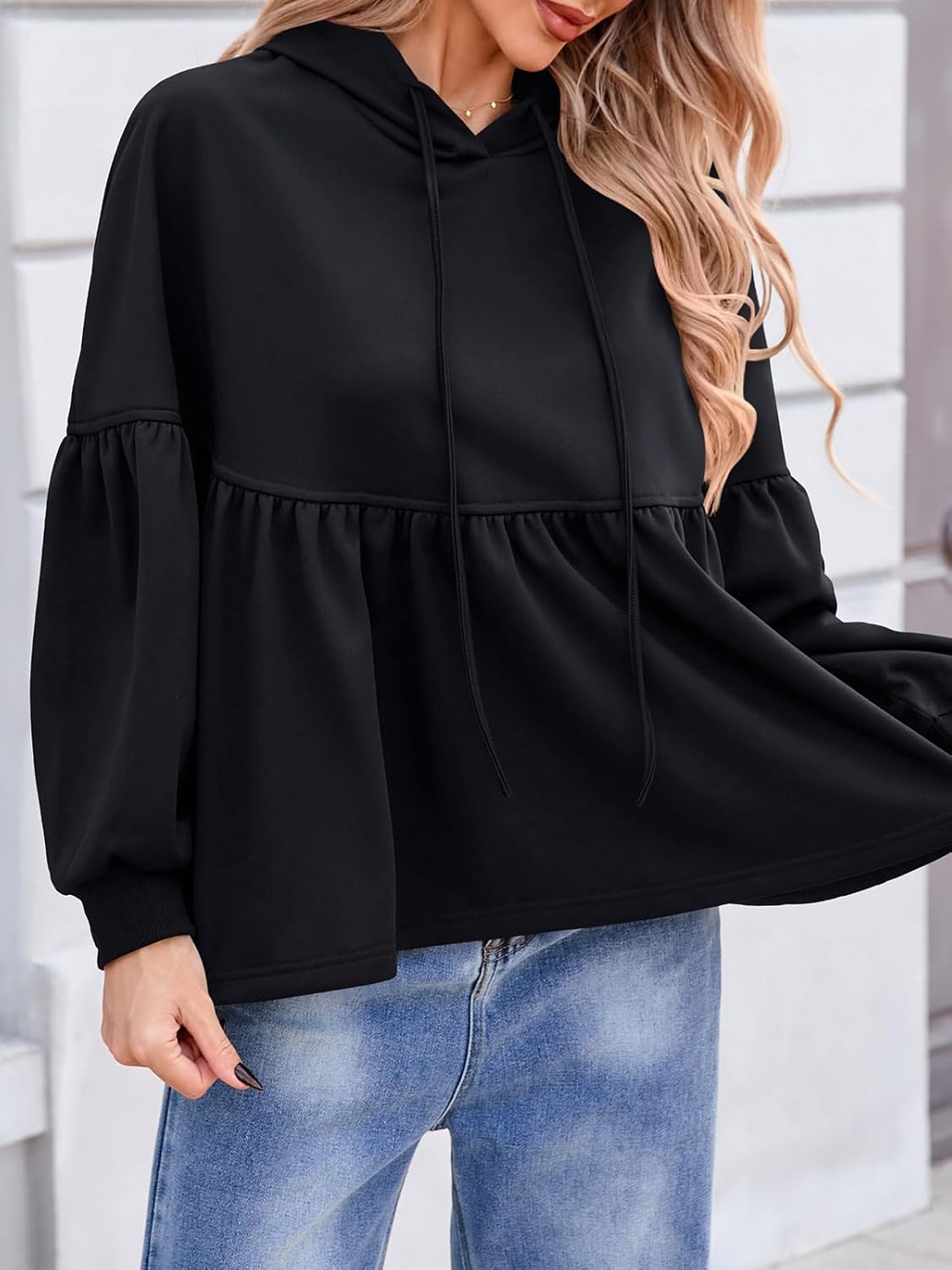 Womens Oversized Hoodies Sweatshirts Casual Lantern Sleeve Peplum Tops Drawstring Loose Hooded Pullover Workout Top - Image 3
