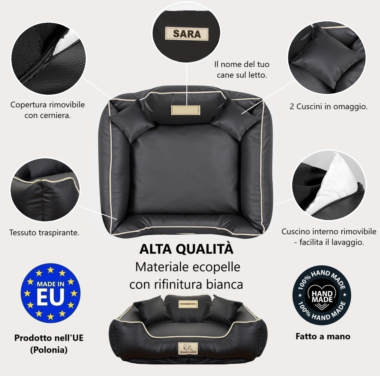 Letto per Cani Medio Taglia M 75x65 cm | Personalizzazione - Nome del Cane | Copertura Rimovibile e Lavabile | Divano per Cani Adatto al Lavaggio | Base antiscivolo | Cuccia Cane Interno Nero