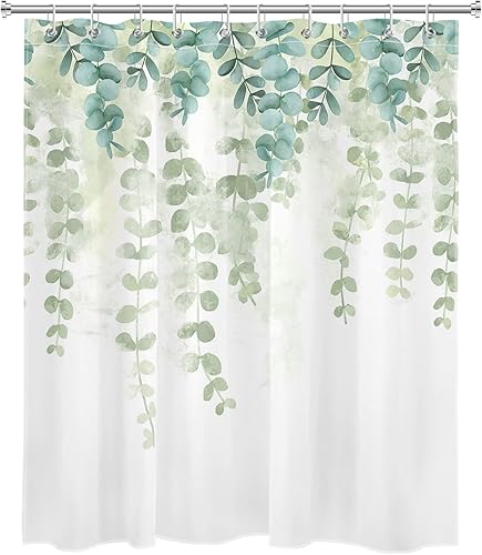 Miniatura 2 de LB Cortina de ducha de hojas de eucalipto de plantas verdes cortina de baño de tela de poliéster con ganchos hojas botánicas de acuarela en la parte