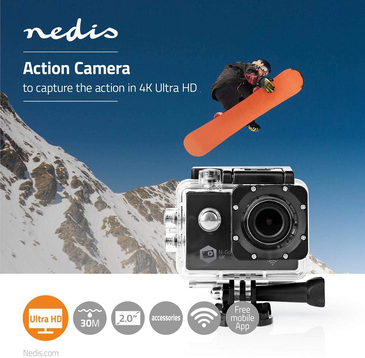 NEDIS ACAM41BK Action Camera attached to a mounting bracket