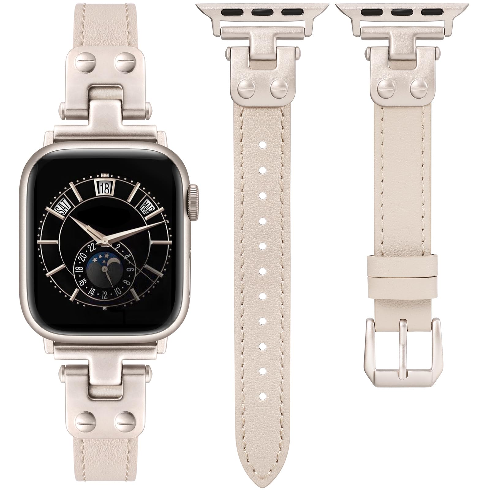 Minyee Slim Leather Band Compatible with Apple Watch Bands 38/40/41/42/44/45/46/49mm Women, Dressy Thin Soft Leather Strap with Tapered Metal Buckle
