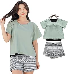 [SooPii] 水着 レディース 体型カバー タンキニ セパレート 2点セット 体型カバー UVカット 半袖 トップス&ショートパンツ かわいい ノンワイヤー パッド付き 吸汗速乾 水陸両用