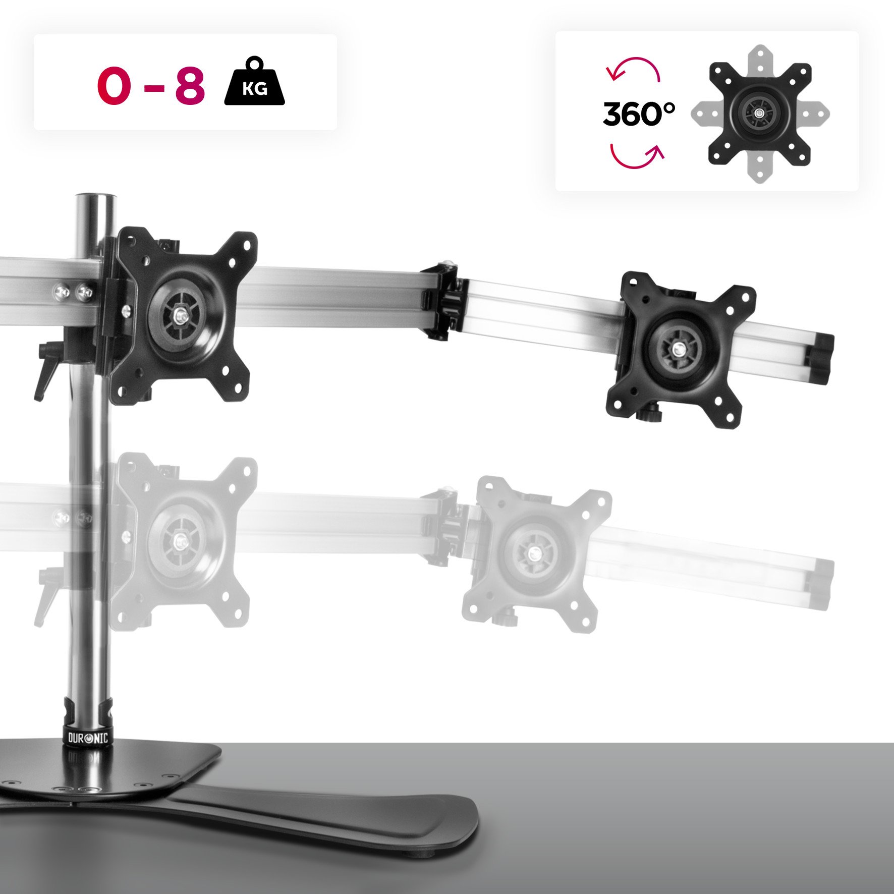Duronic DM753 Support 3 écrans de PC sur Socle Hauteur Ajustable Rotatif Inclinable Compatibilité avec Moniteur VESA 75 100 Potence et Bras en Aluminium Passe câble Inclus